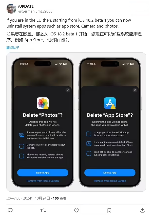 西昌镇苹果手机维修分享iOS 18.2 支持删除 App Store 应用商店 