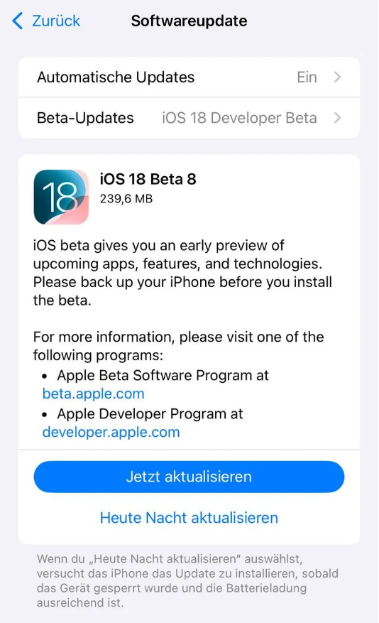 西昌镇苹果手机维修分享苹果 iOS / iPadOS 18 开发者预览版 Beta 8 发布 